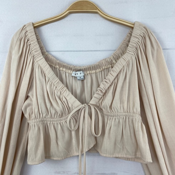 Hyfve Women Boho Babydoll Fairy Top Long Sleeve S Beige Crop Peasant Smocked - Picture 10 of 10